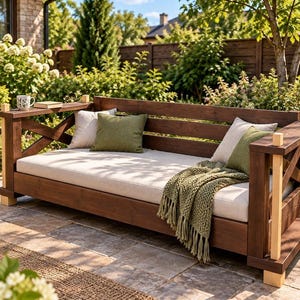 Könnte beinhalten: Eine dunkelbraune Gartenliege aus Holz mit einer Lattenrückenlehne, X-förmigen Seitenstützen und hellen Polstern. Die Liege ist mit zwei olivgrünen Zierkissen, einem beigen Kissen und einer strukturierten olivgrünen Strickdecke ausgestattet.