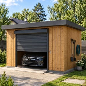 Op de afbeelding: Een vrijstaande houten garage met verticale lichtbruine houten gevelbekleding en een plat donkergrijs dak. Het heeft een gedeeltelijk geopende donkergrijze roldeur die een donkergrijze auto binnenin onthult. Tuingereedschap hangt aan de buitenmuur.