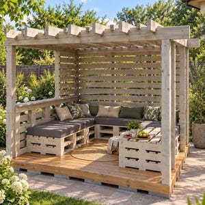 Op de afbeelding: Een houten pergolaconstructie met een ingebouwde L-vormige zithoek gemaakt van lichtgekleurde pallets. De zitting is voorzien van donkergrijze kussens en diverse sierkussens. Een bijpassende salontafel van pallets staat in het midden.