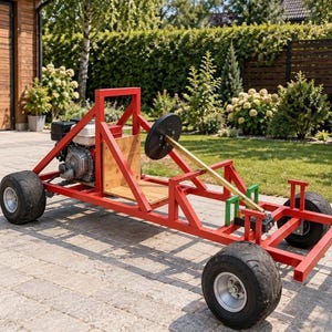 Könnte beinhalten: Ein roter Go-Kart-Rahmen aus Metall mit montiertem Motor, schwarzem Lenkrad, Holzsitzfläche und vier schwarzen Gummireifen. Die Struktur besteht aus Vierkantrohren und enthält eine Lenksäule, die zur Vorderachse hin ausgerichtet ist.