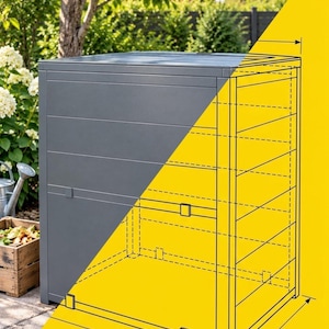 May include: A grey square outdoor compost bin with horizontal paneling. The image features a split design showing the solid grey exterior on the left and a yellow technical line drawing of the internal frame structure on the right with dimension arrows.