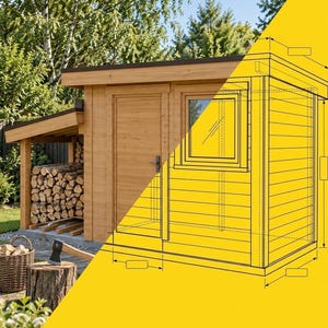 May include: A wooden garden shed with a flat roof, a single door, and a window, featuring an attached side shelter filled with stacked firewood. A technical line drawing overlay shows the structure's dimensions, and the text ShopsPlans is visible.