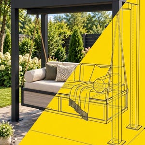 May include: A black metal pergola frame with a suspended daybed swing featuring beige cushions, a throw blanket, and pillows. The right side of the image displays a technical line drawing overlay of the structure on a solid yellow background.