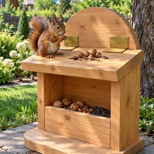 Puede incluir: Un comedero para ardillas de madera marrón claro con un panel trasero curvo, dos bisagras de metal color latón y un compartimento de almacenamiento inferior lleno de nueces y semillas de girasol. Una ardilla roja come una nuez.