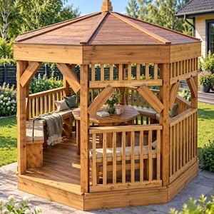 May include: A wooden hexagonal gazebo featuring a slatted railing, a central table, and built-in bench seating with beige cushions. The structure has a peaked roof and an open-air design. A label at the top left reads Premium Plan.