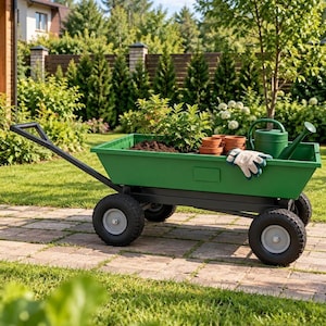 Könnte beinhalten: Ein grüner Gartenwagen mit schwarzem Metallrahmen und vier schwarzen Luftreifen. Der Wagen enthält eine grüne Gießkanne, mehrere Terrakottatöpfe und ein Paar Gartenhandschuhe. Ein langer schwarzer Griff ragt an der Vorderseite heraus.