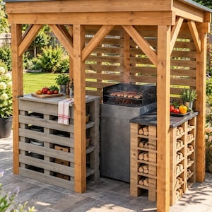 May include: A wooden outdoor kitchen structure featuring a roof, a gray pallet-style storage unit with a countertop, a central charcoal grill with cooking food, and a side unit with stacked firewood storage. The text Premium Plan is visible.