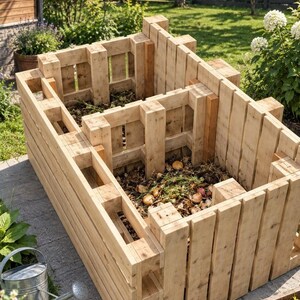 Puede incluir: Un contenedor de compost rectangular de madera clara construido con tablas de palé, que cuenta con dos compartimentos interiores separados llenos de residuos orgánicos, tierra y materia vegetal, situado sobre una superficie pavimentada.