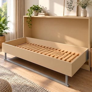 May include: A light beige wall-mounted Murphy bed in the open position, featuring a wooden slatted base and a sturdy grey metal frame. The unit is integrated into a tall, flat-panel cabinet structure with a smooth finish and clean lines.