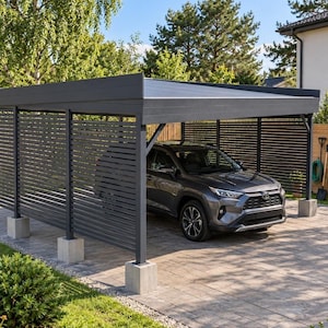 Könnte beinhalten: Ein dunkelgrauer Metall-Carport mit Flachdach und horizontalen Lamellenwänden. Die Konstruktion wird von Betonpfeilern gestützt und beherbergt einen dunkelgrauen SUV. Das Design zeichnet sich durch eine klare, moderne Ästhetik aus.