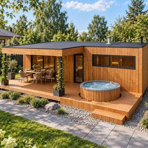 Può includere: Una moderna baita in legno con tetto piano, dotata di una spaziosa terrazza, una vasca idromassaggio rotonda e un set da pranzo all'aperto. La struttura presenta pannelli in legno verticali, ampie porte scorrevoli e telai neri.