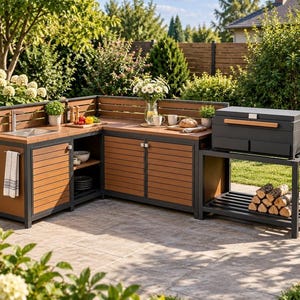 Peut inclure: Une cuisine d'extérieur en L dotée d'un cadre en métal sombre avec des panneaux à lattes de bois horizontaux, un évier en acier inoxydable, un plan de travail et un support assorti accueillant un barbecue avec du bois de chauffage.