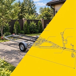May include: A metal boat trailer with two black longitudinal support beams and a single axle with grey wheels, presented alongside a technical line drawing diagram on a yellow background with the text ShopsPlans and a PDF icon.