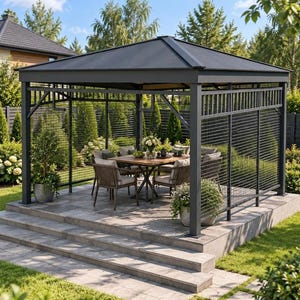 May include: A dark gray metal gazebo with a solid roof and wire mesh side panels. Inside, a wooden dining table is surrounded by chairs with light-colored cushions. The structure sits on a stone patio with steps leading up to the entrance.