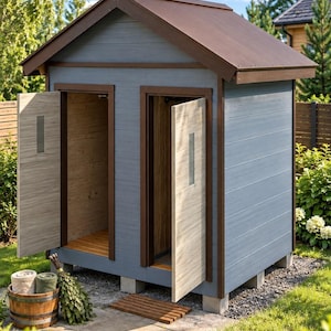 DIY build guide Outdoor Toilet & Shower Combo 102 x 102 in - printable PDF plan with dimensions, cut list and step by step assembly