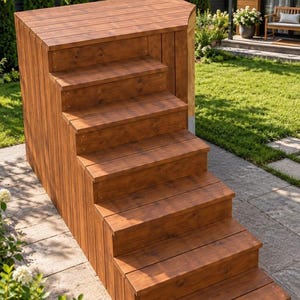 May include: A set of outdoor wooden stairs with five steps and a solid side panel, constructed from stained brown planks. The structure features a flat top platform and a tiered design, providing a functional staircase for exterior use.