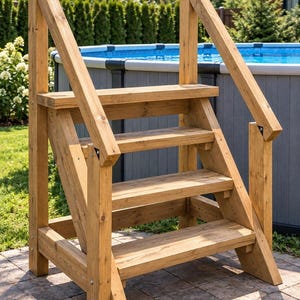 May include: A set of wooden pool steps featuring three horizontal treads and two sturdy handrails on either side. The structure is constructed from light brown timber with visible wood grain, designed to provide access to an above-ground pool.