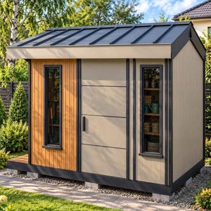 Puede incluir: Un cobertizo rectangular para exteriores con techo de metal oscuro, una puerta central y dos ventanas verticales. El exterior combina paneles de color beige claro con listones de madera. La estructura está elevada sobre bloques de hormigón.