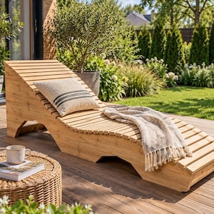 May include: A light brown wooden chaise lounge with a slatted surface, featuring a beige square throw pillow with dark horizontal stripes and a textured beige throw blanket with fringe draped over the lower section of the lounge chair.
