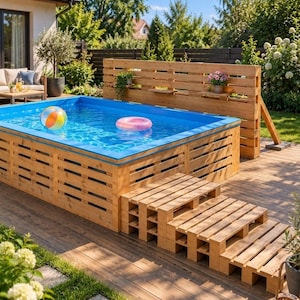 Project plans Pallet Swimming Pool 13'1" x 9'10" x 2'11" - download and print the drawings with dimensions and the assembly diagram in PDF