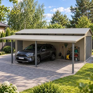 Op de afbeelding: Een vrijstaande metalen carport met een lichtbeige zadeldak en steunpilaren. De open overkapping biedt plaats aan een donkergrijze SUV en beschikt over een opslagruimte met tuingereedschap aan de muur en een metalen stellingkast.