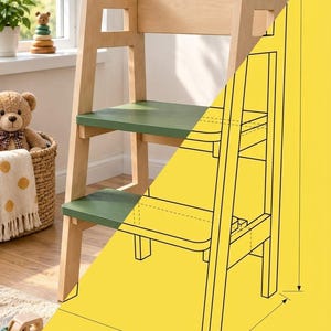 May include: A light-colored wooden learning tower featuring two horizontal steps painted in a muted green. The structure includes a tall back support and side panels. A technical line drawing overlay shows the dimensions of the tower.