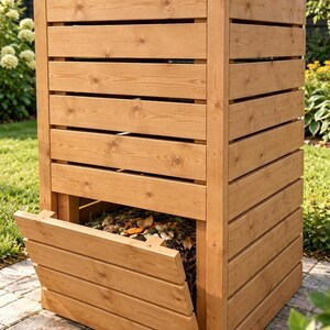 May include: A tall, rectangular wooden compost bin constructed from horizontal light brown planks. The structure features a removable lower front panel that reveals organic waste material inside, with open gaps between the slats for ventilation.
