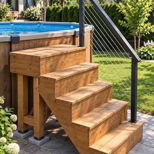 May include: A set of wooden stairs with four steps leading up to a raised platform. The structure features a black metal handrail with thin horizontal cable railings. The wood has a natural brown finish and is supported by sturdy vertical posts.
