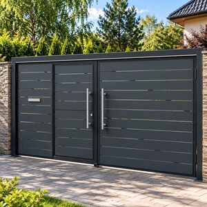 Könnte beinhalten: Ein dunkelgraues Metalltor mit horizontalen Lamellen, einem integrierten rechteckigen Briefkasten und zwei vertikalen silbernen Griffen. Das Tor ist von Steinsäulen eingerahmt und enthält ein kleines Logo mit dem Text ShopsPlans.