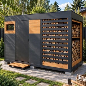 May include: A rectangular outdoor storage shed featuring a dark gray exterior with light wood accents, a single door, a small window, and an integrated open-slatted side compartment filled with stacked firewood, elevated on concrete blocks.