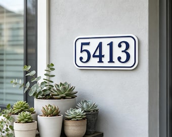 Letrero metálico personalizado para número de casa, placa de dirección de aluminio, blanco y azul, decoración moderna para exteriores
