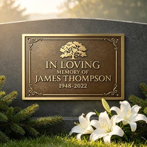 May include: A rectangular bronze memorial plaque featuring a raised tree emblem and decorative scrollwork corners. The text reads IN LOVING MEMORY OF JAMES THOMPSON 1948-2022. The plaque is mounted on a dark stone surface with pine branches and white lilies.