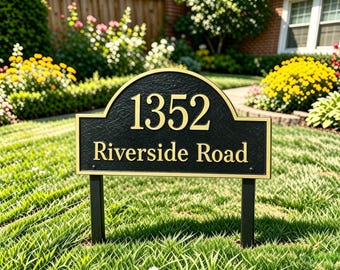 Custom Curved Yard Address Plaque, Solid Aluminum House Number Sign, Lawn Marker with Stakes