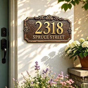 May include: A rectangular house address plaque with a dark bronze textured background and gold raised lettering. The plaque displays the number 2318 above the text SPRUCE STREET, featuring decorative scrollwork at the top and side edges.