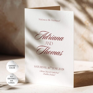 Luxury Christian Church Bifold Wedding Program Canva Template, Elegant Red Burgundy, Wedding Liturgy, Order of Service, Instant Download