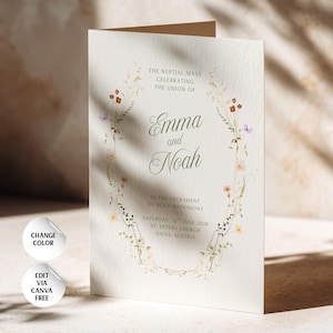 Catholic Wedding Program Template, Floral Spring Bifold Mass Booklet, Customizable Liturgy, Editable Canva