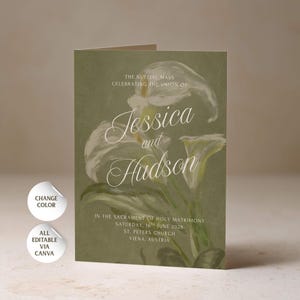 Programma di matrimonio cattolico a due ante, elegante libretto per la messa nuziale con dipinto ad olio di calla vintage, liturgia personalizzabile, tela modificabile
