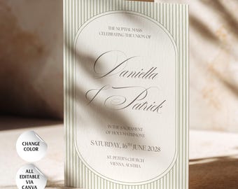 Puede incluir: Una tarjeta de programa de boda plegada con un centro color crema, un borde arqueado y rayas verticales en verde salvia. El texto dice: The Nuptial Mass celebrating the union of Daniella & Patrick in the sacrament of Holy Matrimony, Saturday, 16th June 2028, St. Peter's Church, Vienna, Austria.