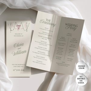 Vorlage für ein weihnachtliches Hochzeitsprogramm, 4x9-Hochzeitsprogramm, klassisch-elegant, druckbares zweifach gefaltetes Programm für die Hochzeitszeremonie, bearbeitbare Canva-Vorlage