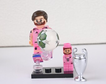 Lionel Messi Inter Miami Minifigure, Pink Stripes 10 Jersey, GOAT in MLS Era with UCL Trophy, Gift for Kids Basketball Fans