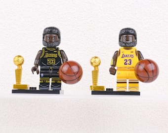LeBron James Lakers Championship Duo, Black and Gold 23 Jersey Figures with NBA Trophies, Office Desk Display for Boss