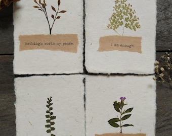 Handmade Pressed Botanical Affirmation Cards, Nature Art, Inspirational Quotes, Minimalist Decor