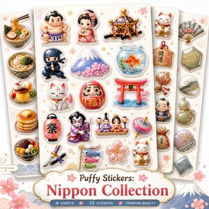 May include: Sheets of puffy stickers featuring Japanese cultural icons. The stickers include images of sumo wrestlers, geishas, Mount Fuji, daruma dolls, lucky cats, and traditional food. The text "Puffy Stickers: Nippon Collection" is also visible.
