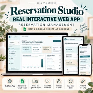 Könnte beinhalten: Eine Web-App zur Reservierungsverwaltung, dargestellt auf einem Laptop, Tablet und Smartphone. Die Benutzeroberfläche zeigt ein Dashboard mit Buchungsdaten, Finanzübersichten und Reservierungstrends, basierend auf Google Sheets.