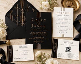Black & Gold Art Deco Wedding Invitation Suite, Editable Canva Template