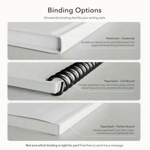 May include: A comparison chart titled Binding Options showing three journal styles: a white hardcover casewrap, a paperback with a black plastic coil binding, and a paperback with a perfect bound spine. Each section includes descriptive text.