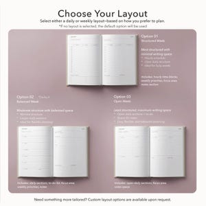 May include: Three open planners displayed on a mauve background, showcasing layout options. Option 01 Structured Week features hourly blocks. Option 02 Balanced Week offers daily sections and to-do lists. Option 03 Open Week provides open daily sections.