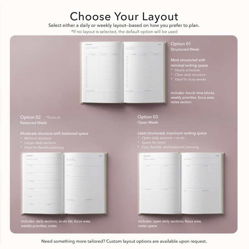 May include: Three open planners displayed on a mauve background, showcasing layout options. Option 01 Structured Week features hourly blocks. Option 02 Balanced Week offers daily sections and to-do lists. Option 03 Open Week provides open daily sections.