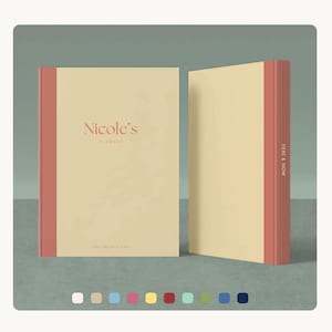Op de afbeelding: Twee beige planners met koraalkleurige ruggen. De planner links heeft de tekst "Nicole's Planner" en "One Day at a Time" in koraal. De planner rechts heeft de tekst "Here & Now" in wit. De planners liggen op een grijze ondergrond.