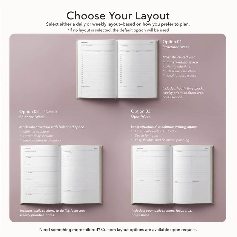 Puede incluir: Un planificador con tres opciones de dise&ntilde;o: Semana estructurada, Semana equilibrada y Semana abierta. Cada opci&oacute;n se muestra abierta, mostrando el dise&ntilde;o interior. El texto "Choose Your Layout" est&aacute; en la parte superior, con descripciones de cada dise&ntilde;o debajo.